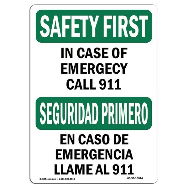 OSHA Sign, In Case Of Emergency 911 Bilingual, 24in X 18in Rigid Plastic, 18